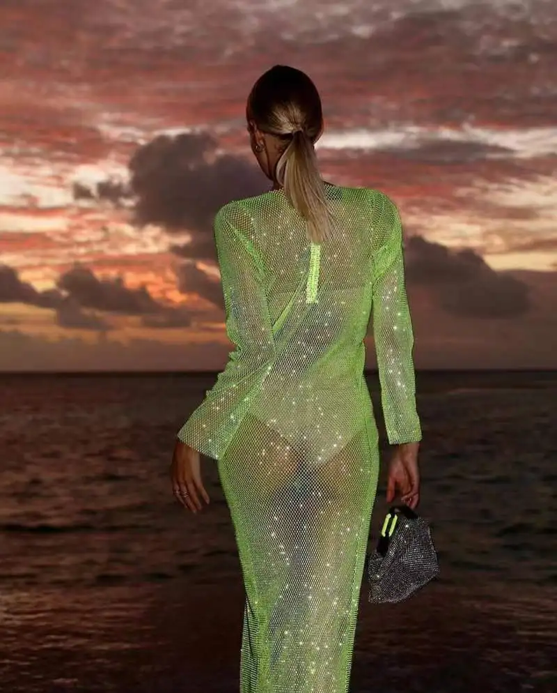 Sexy See Though Shiny Silk Dress Pink High Waist Slit Slim Fit Long Party Dresses Fashion Solid Sequins Elegant Dress for Women