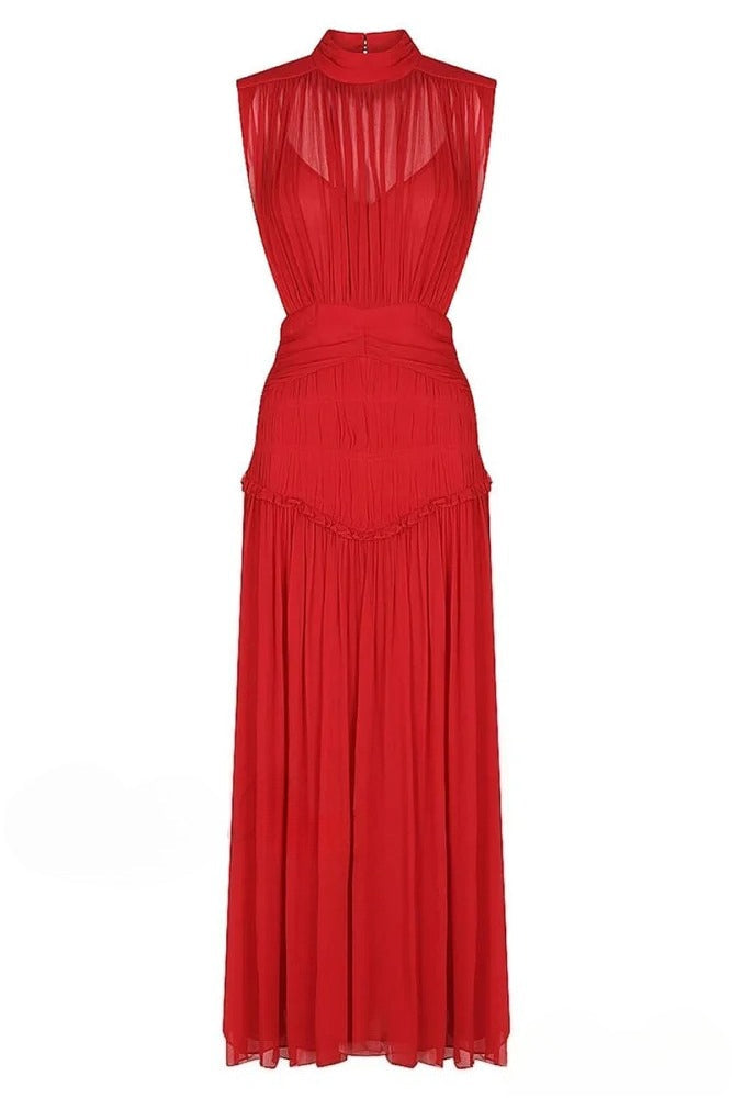 Sleeveless Mock Neck Pleated Waistband Chiffon Maxi Dress