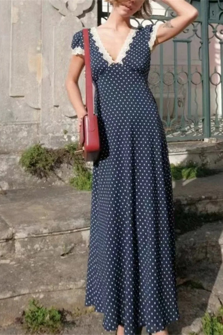 Polka Dot Deep V-Neck Lace Trim Short Puff Sleeve Rosette Accent Maxi Dress
