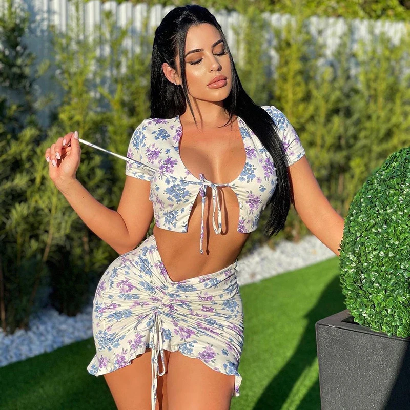 Ootddress Sexy Floral Dress Two Piece Set Women Summer Set Hollow Out Crop-Top And Skirt Suit Cross Lace Up 2025 New Boho Dresses