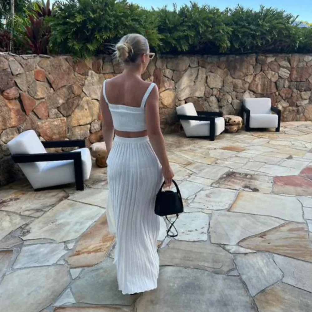 Ootddress New White Knit Two Piece Women Sets Fall Ribbed Tank Top And Pleated Knitted Skirt Suits For Women Long Dress Sets Summer