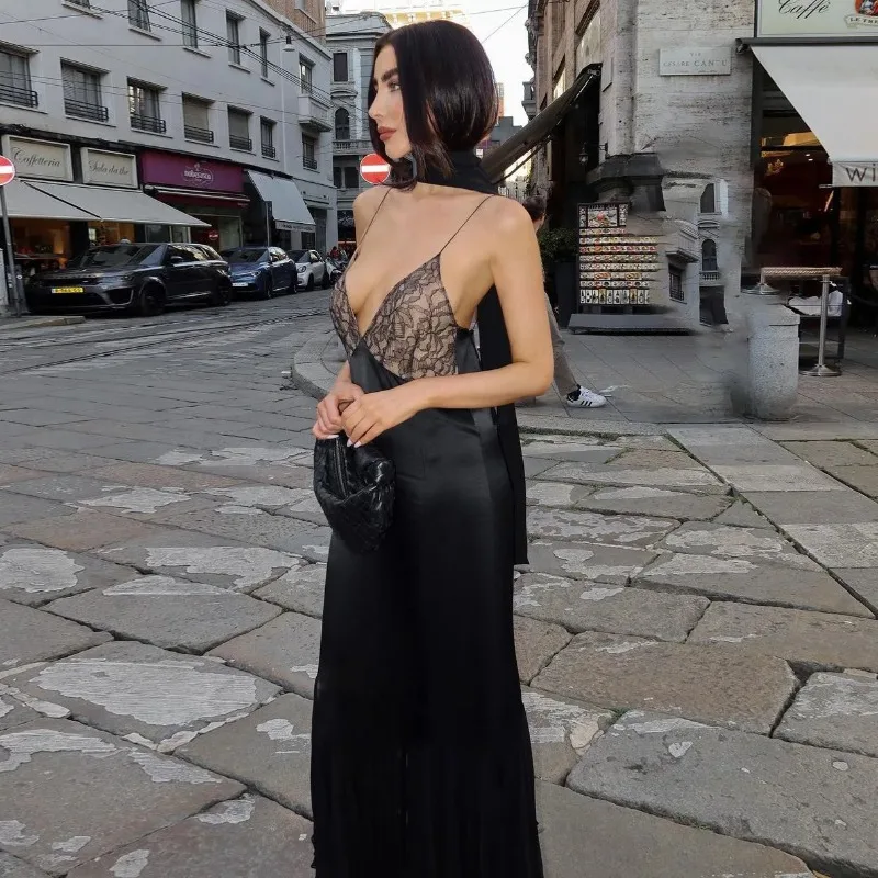 Ootddress Lace Splice Maxi Dresses For Women Sexy Deep V Neck Mesh Slim Dress Woman Temperament Clubwear Party Evening Dress Femme