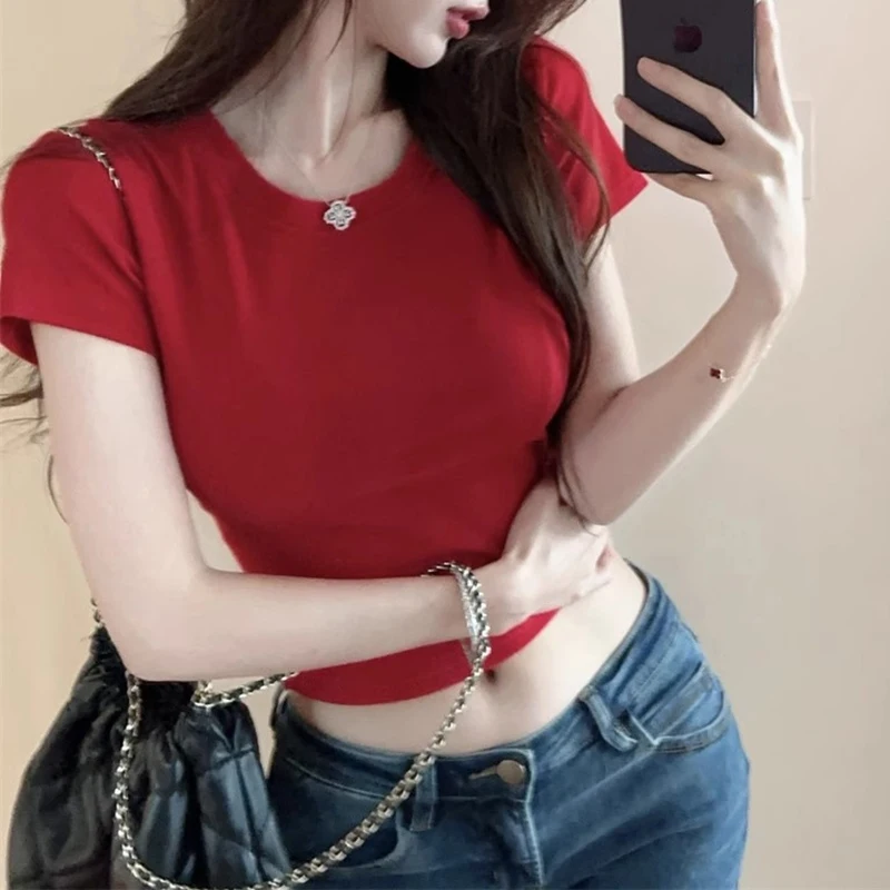 Fashion Women T-shirt Short Sleeve O Neck Solid Slim Fit Ladies Crop Top Butterfly Hollow Backless for Casual Tops Summer 2025 15 Fashion Women T-shirt Short Sleeve O Neck Solid Slim Fit Ladies Crop Top Butterfly Hollow Backless for Casual Tops Summer 2025