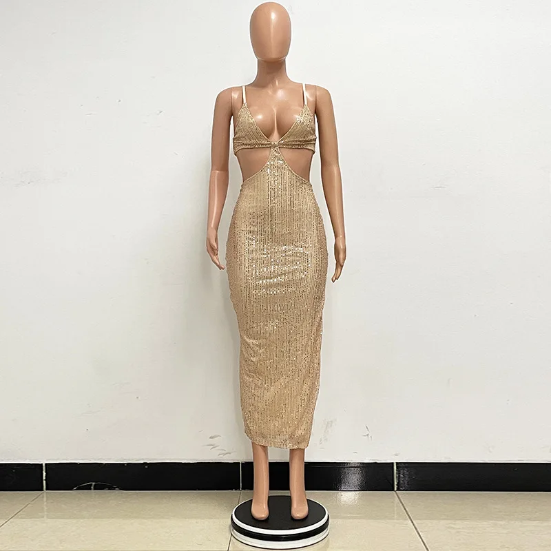 Sexy Hollow High Waist Slit Evening Dress Fashion Sequined Backless Sleeveless Elegant Party Dresses Solid Long Graduation Dress 137 undefined