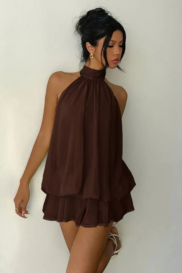 Backless Halter Tie Waist Ruffled Bodycon Mini Dress