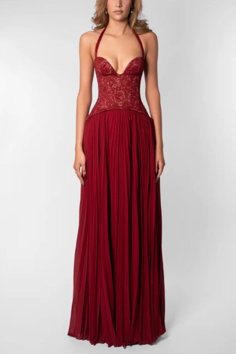 Halter Deep V Neck Lace Bodice Accordion Pleated Maxi Dress