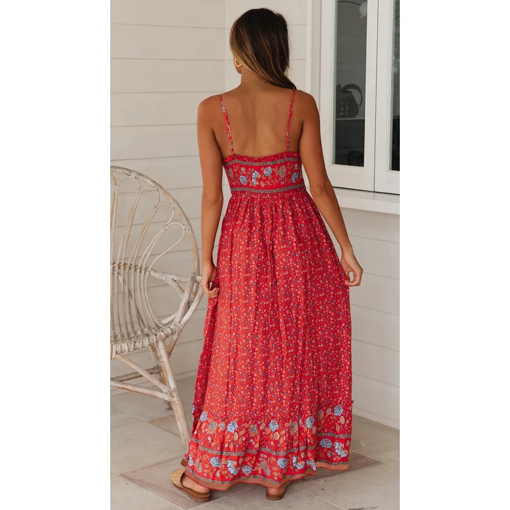 Bohemian Floral Spaghetti Strap Dresses Women Sexy V-neck Backless Casual Beach Vacation Long Dress Female Vestidos Summer New 20 undefined