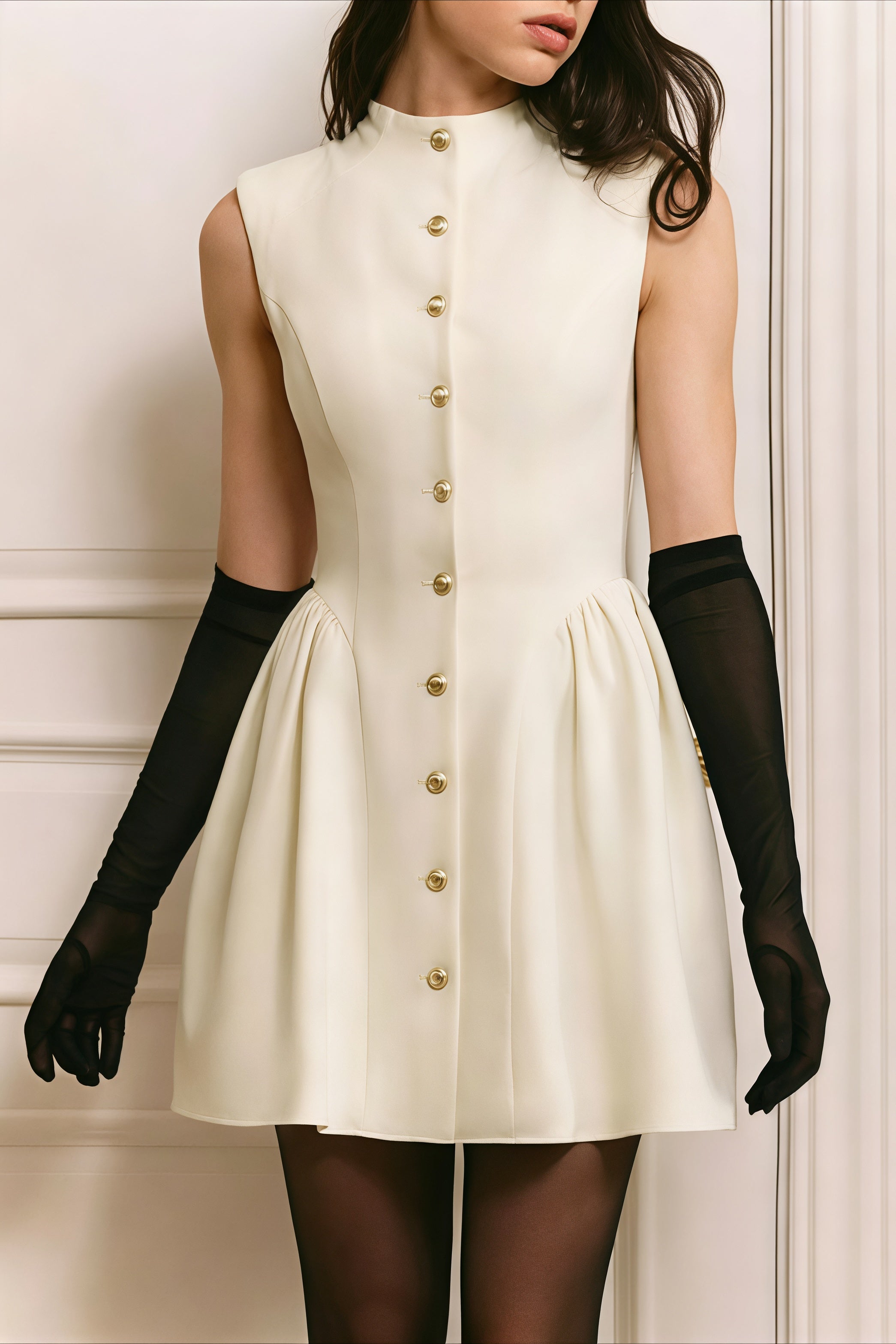 Mock Neck Metal Button Front Fit and Flare Tweed Mini Dress