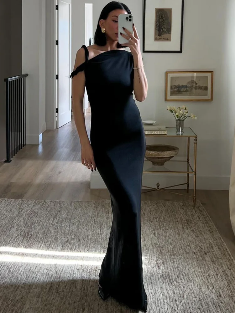 Ootddress Black Long Dress Female Slim High Waist Off-Shoulder Fashion Elegant Evening Partywear Dress Solid One-Shoulder Maxi Dress