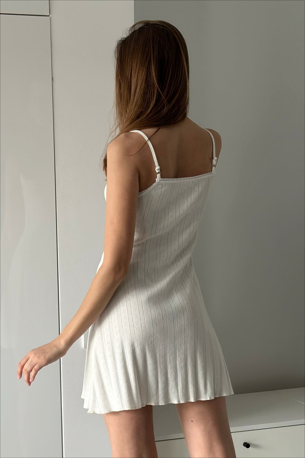 Pointelle Heart Knit Scalloped Lace Trim Bow Spaghetti Strap Mini Dress