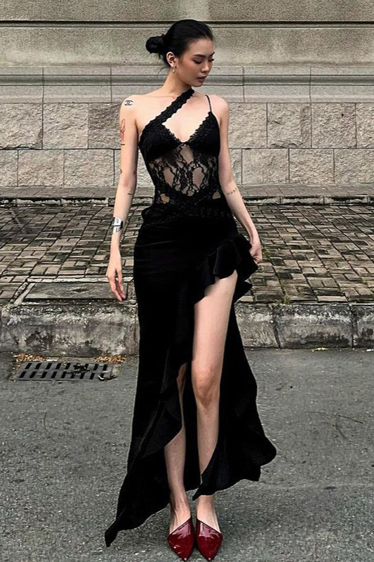 Asymmetric Lace Panel Deep V-Neck Cut Out High Split Ruffle Trim Mini Dress