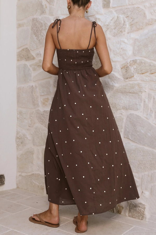 Fashionable Polka Dot Print Suspender High-waisted Pleated Casual Maxi Dress