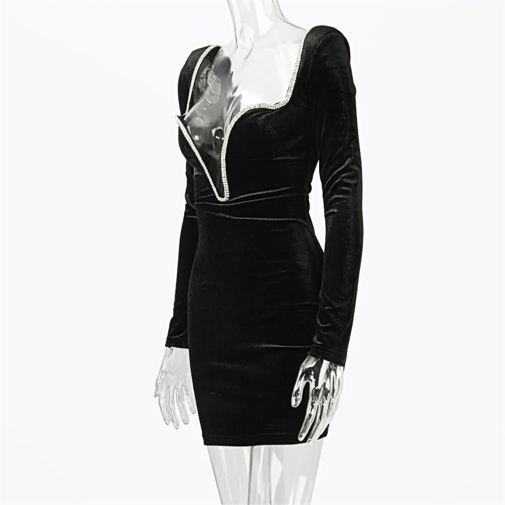 Ootddress Sexy Deep V Wrapped Hip Velvet Backless Women's Dress Long Sleeve High Waist Temperament Mini Dress Party Club Clothing