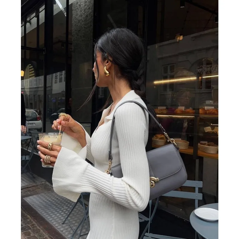 Ootddress Striped V-Neck Knit Maxi Dress For Women Ribbed Patchwork Slim Long Sleeve Elegant Party Dress Loose Knitwear Long Dress