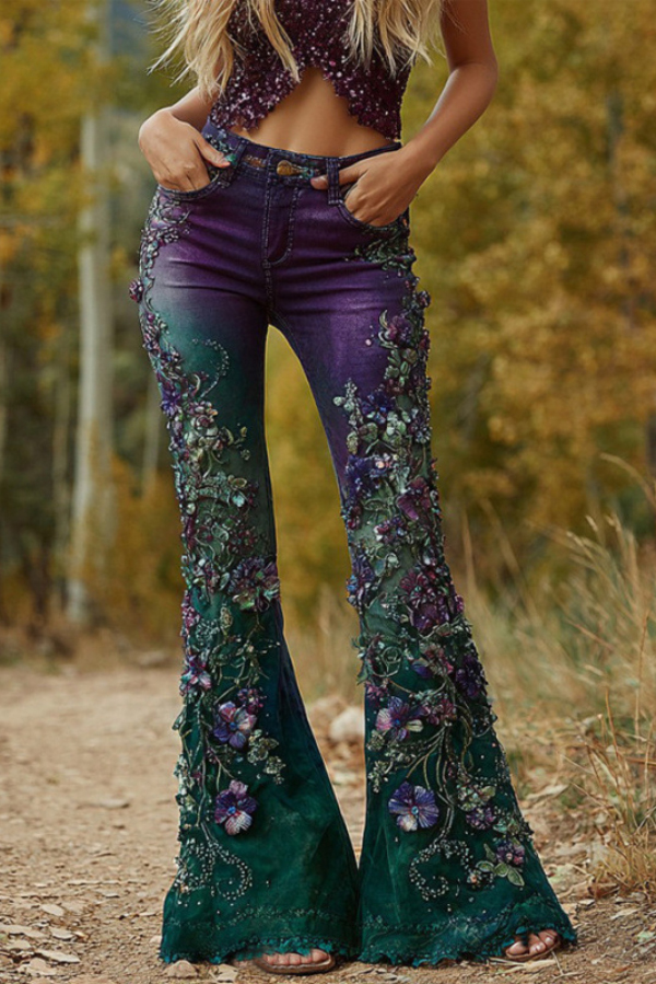 Floral Printed High-waisted Pocket Casual Flared Jeans