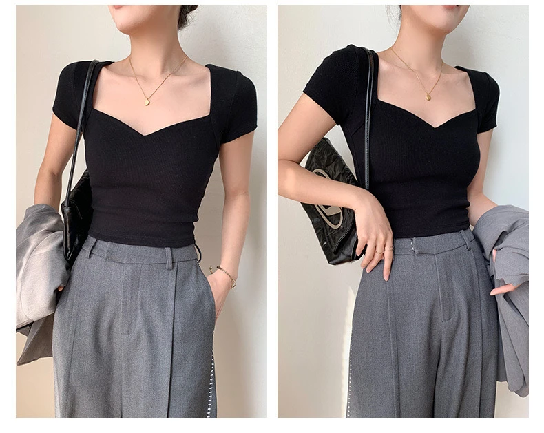 Women Square Neck Rib Crop T-shirt Summer Short Sleeve Crop Top Ladies Sexy Solid Color Short Tops Basic Black Tee Shirt