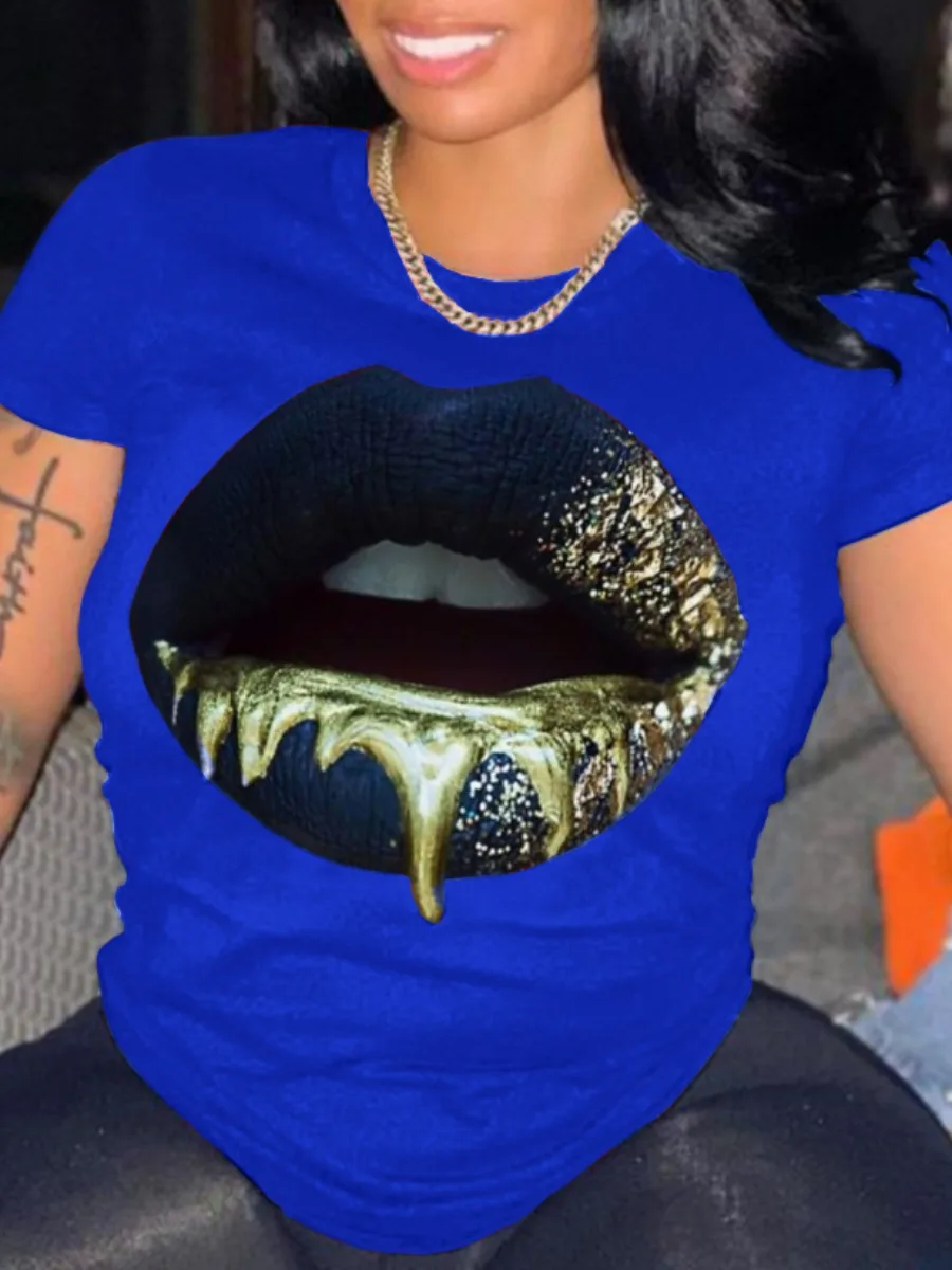 Plus Size Round Neck Lip Print T-shirt Women's Sexy Short-Sleeved Basic White T-shirt
