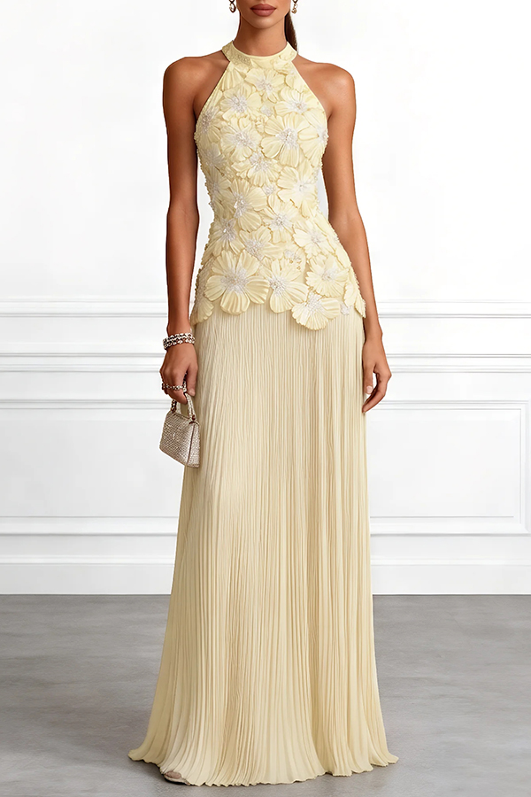 Emilie 3D Floral Embroidery Pleated Chiffon Hem Halter Neck Sleeveless Maxi Dress
