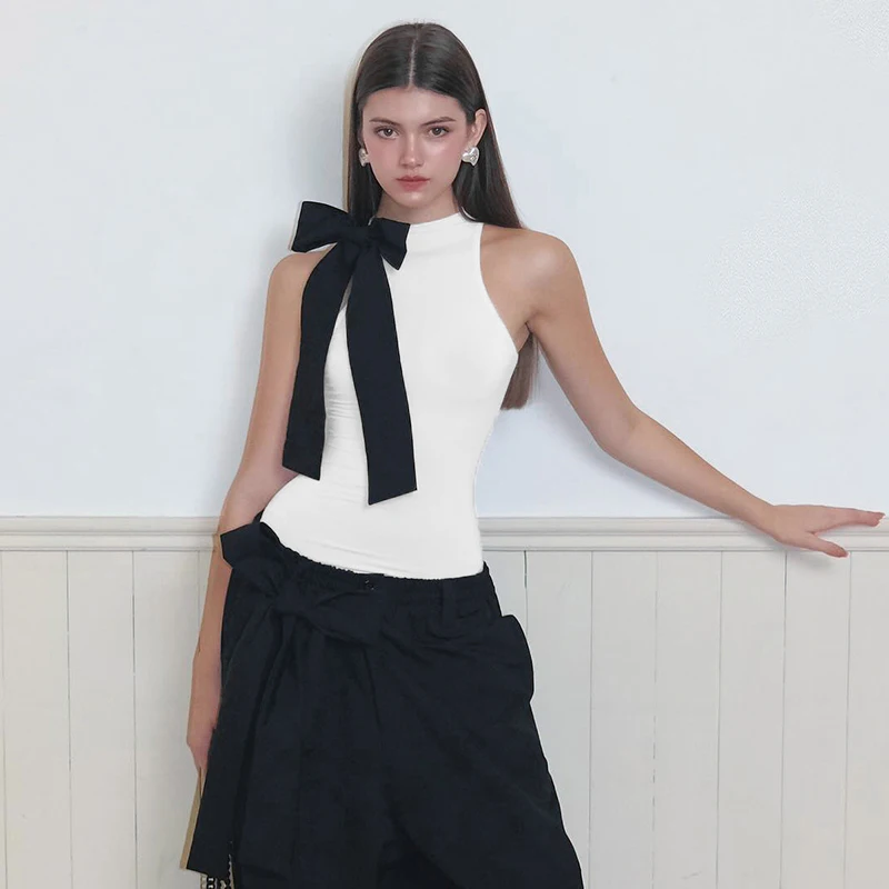 Fashion Slim Fit Sleeveless High Neck One Line Shoulder Bow Bodysuit - Women's Sexy Versatile Pullover