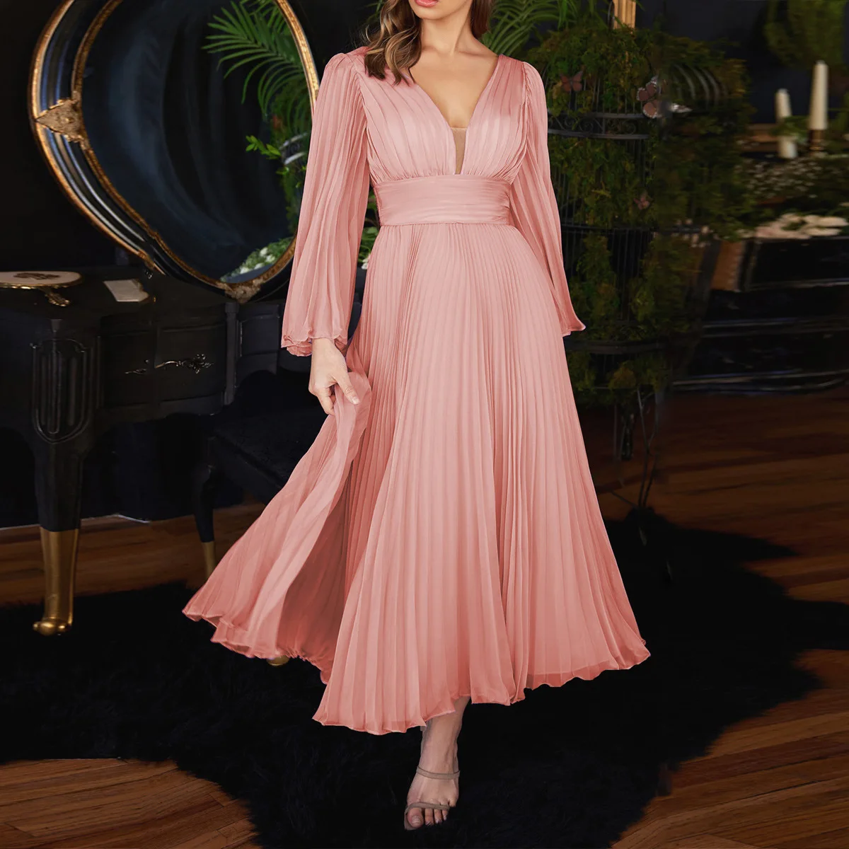 New Deep V-neck Bell Sleeves Sexy Backless Evening Dress Fashion Slim Long-sleeved Dress Solid Elegant Long Dresses for Women 15 New Deep V-neck Bell Sleeves Sexy Backless Evening Dress Fashion Slim Long-sleeved Dress Solid Elegant Long Dresses for Women