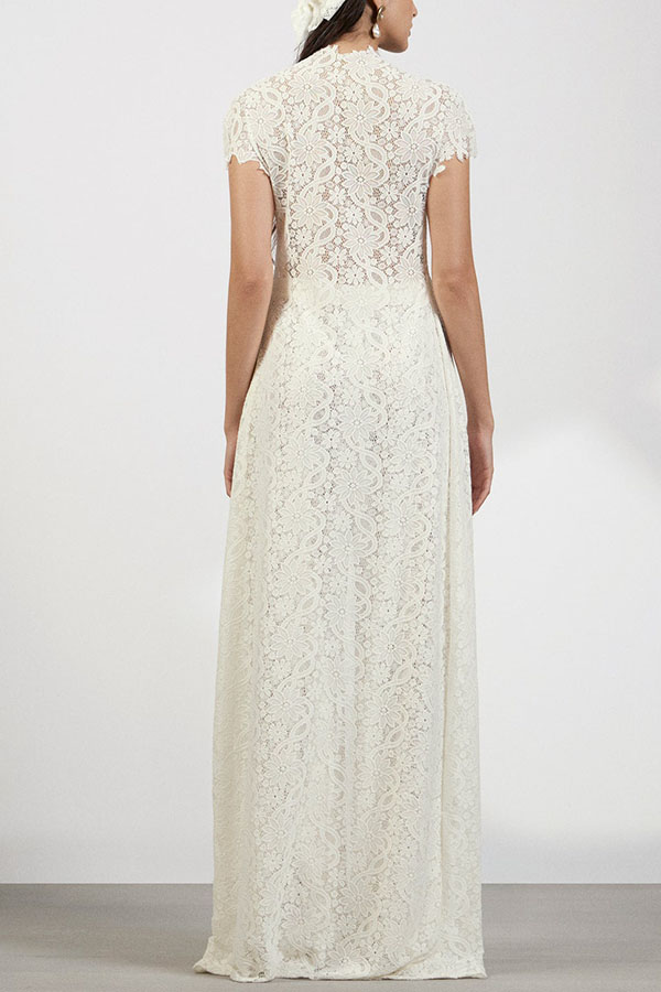 Elegance Avant-garde Floral Lace Short Sleeve High Low Top and High Rise Wide Leg Pants Set