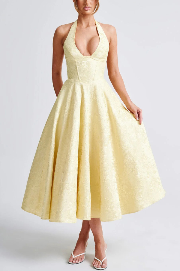 Stylish Jacquard Halter Neck Fitted Waist Open Back Elegant Midi Dress