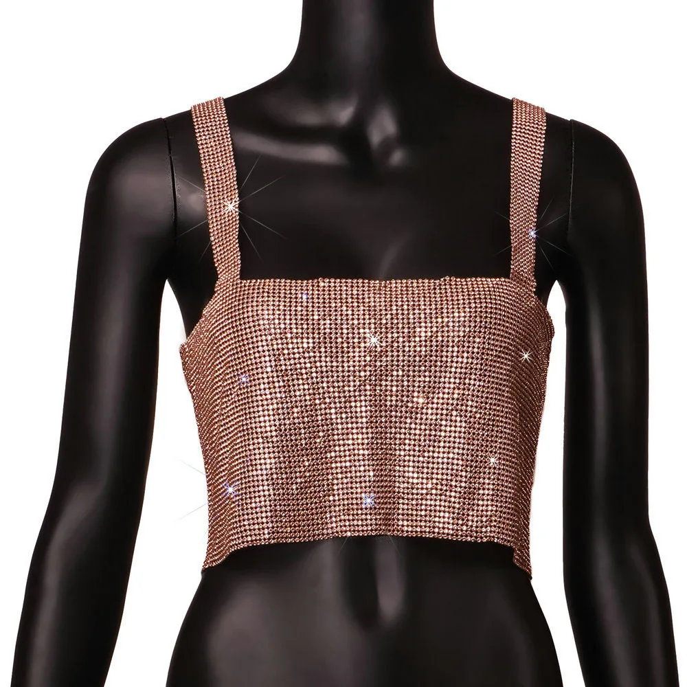 Ootddress Metal Mesh Rhinestone Sleeveless Tank Top Women Back Hollow Chain Crop Tops Hot Girl Beach Sexy Club Party Vest Femme