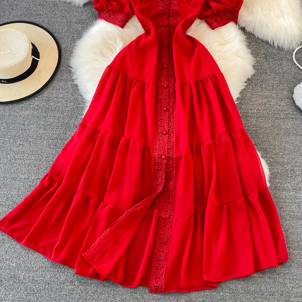 New Women Vintage Party Dress Summer Puff Sleeve Sexy V Neck Lace Single-breasted Long Dresses Ladies A Line Elegant Long Robe 6 New Women Vintage Party Dress Summer Puff Sleeve Sexy V Neck Lace Single-breasted Long Dresses Ladies A Line Elegant Long Robe