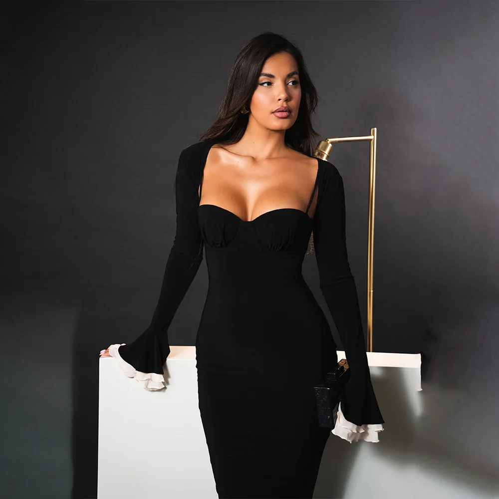 Ootddress Elegant Long Flared Sleeve Elastic Tight Women Two-piece Set Autumn/Winter New 2025 Sexy Party Club Evening Dress 28 Ootddress Elegant Long Flared Sleeve Elastic Tight Women Two-piece Set Autumn/Winter New 2025 Sexy Party Club Evening Dress