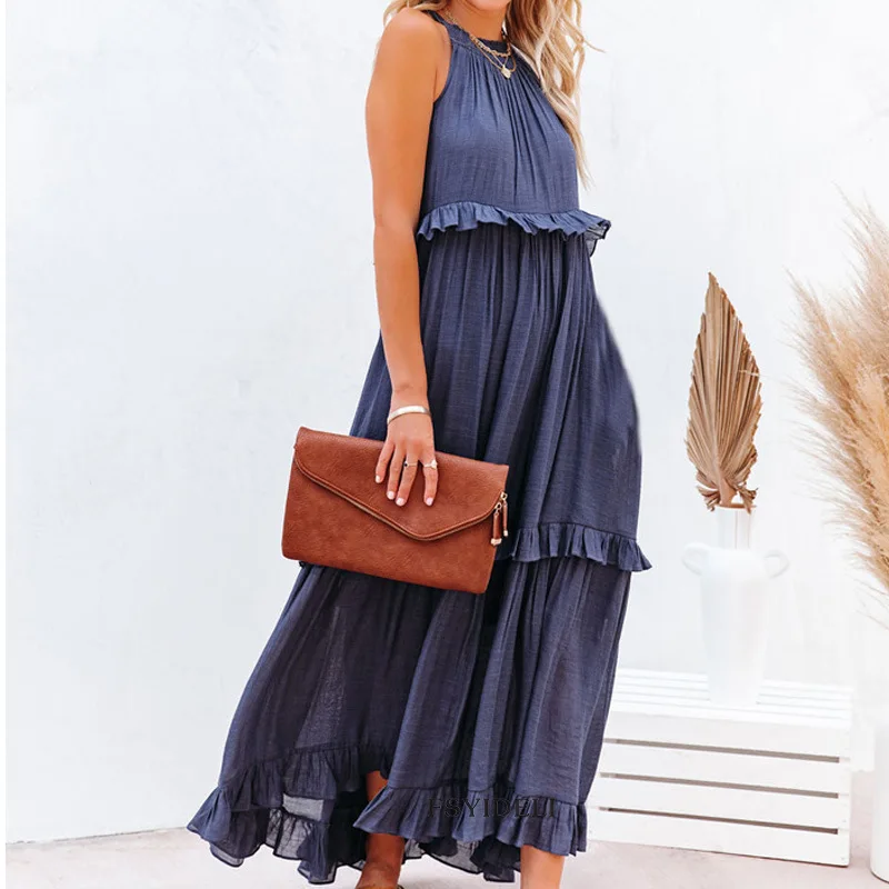 Summer Vacation Style Halter Neck Long Dresses Women Fashion Backless Leace-up Loose Ruffles Beach Dress Elegant Ladies Vestidos 23 Summer Vacation Style Halter Neck Long Dresses Women Fashion Backless Leace-up Loose Ruffles Beach Dress Elegant Ladies Vestidos