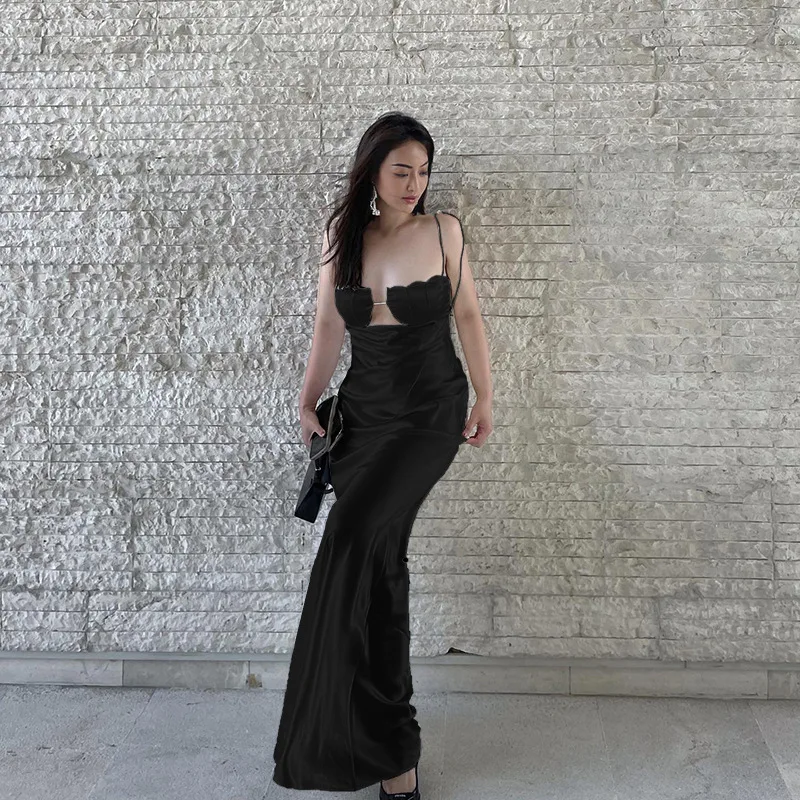 Ootddress Satin Bandage Dress Women Hollow Out Sleeveless Slim Long Dresses Femme Summer Party Elegant Sexy Backless Dress Woman