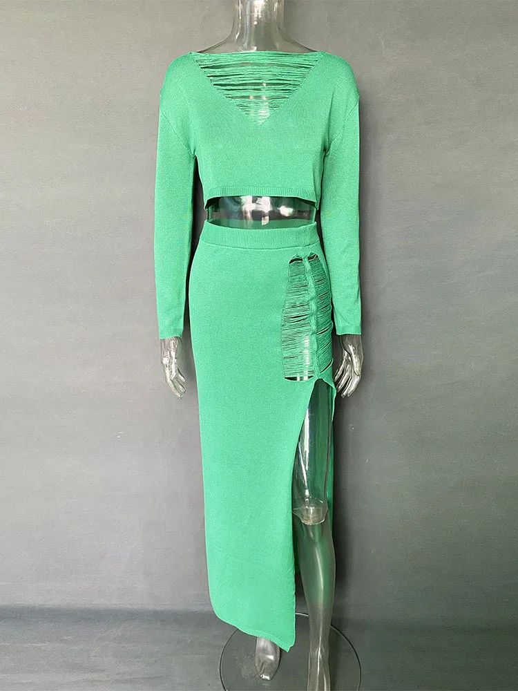 Ootddress Knitted Cover Up 2 Piece Outfits Hollow Out Crochet Knitted Suit Party Dresses Women 2 Piece Matching Set with Midi Skirt