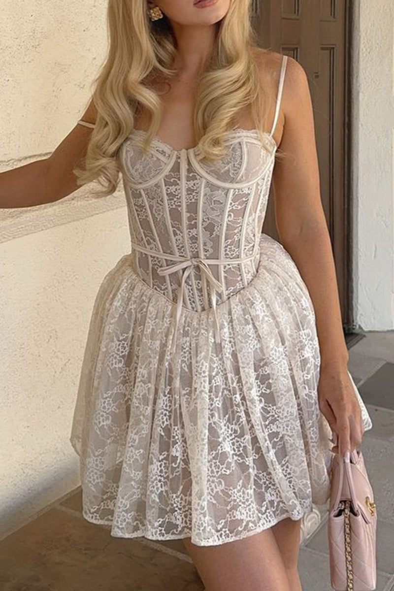 Lace Corset Bustier Sweetheart Spaghetti Strap Tiered Ruffle Mini Dress
