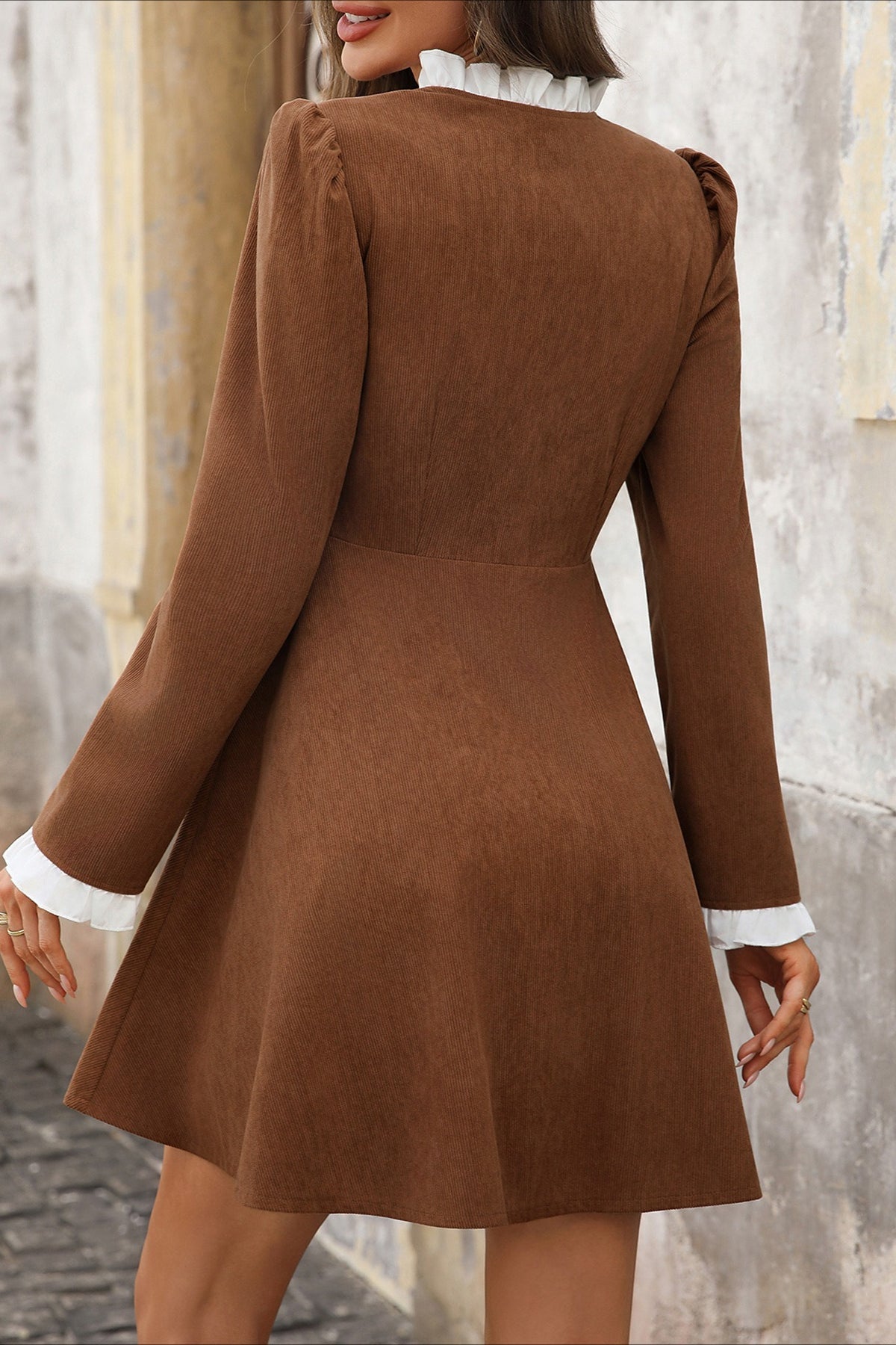 Wide Wale Corduroy Ruffle Trim Collar Button Front Fit-and-Flare Mini Dress