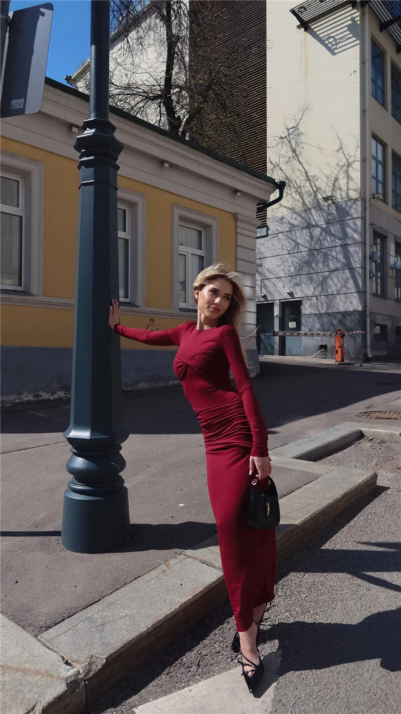 Ootddress Long Sleeve Knit Dress For Women Fashion O Neck Strapless Bodycon Maxi Dress Ladies Knitted Pullover Sweater Dress