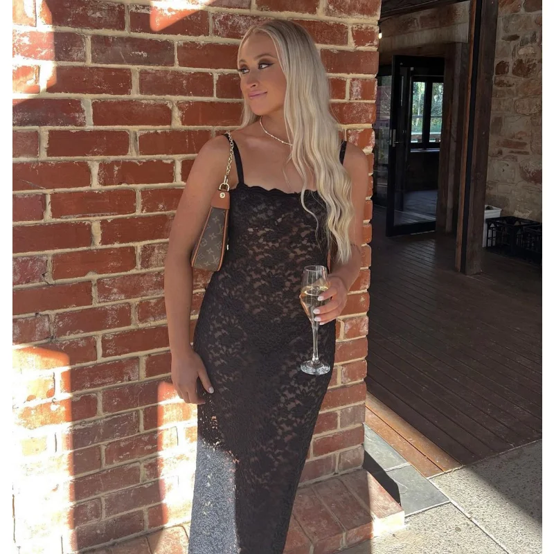 Ootddress Lace Black Dress Female Slim Hollow Out Spaghetti Backless Dress Elegant Party Evening Gown Split Women Maxi Dress Summer