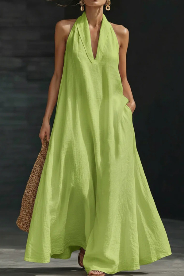 Linen Blend Solid Color Loose V-neck Pocket Casual Maxi Dress