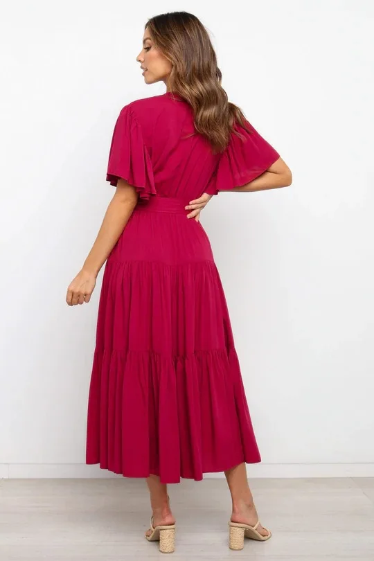 Trendy Solid Color Ruffles Long Dresses Women Sexy V-neck Ruffle Sleeves Leace-up Temperament Elegant Lady Dress 2025 Summer New 28 undefined