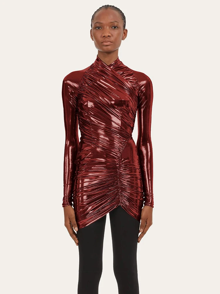 Ootddress Autumn Leather Long Sleeve Pleated Dress For Women Zipper Tight Irregular Female Dress Party Club Sheath Vestidos