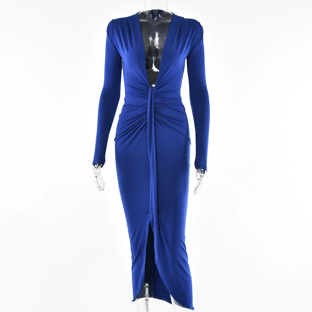 Ootddress Elegant Deep V Neck Full Sleeve Long Dress For Women Robe Fashion Autumn New Irregular Ruched Bodycon Midi Dress
