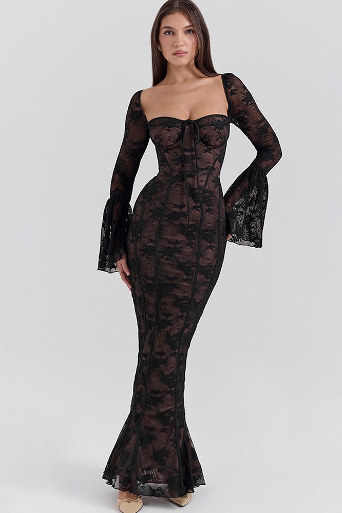 Lace Square Neck Milkmaid Tie Front Corset Seam Bell Sleeve Mermaid Maxi Dress