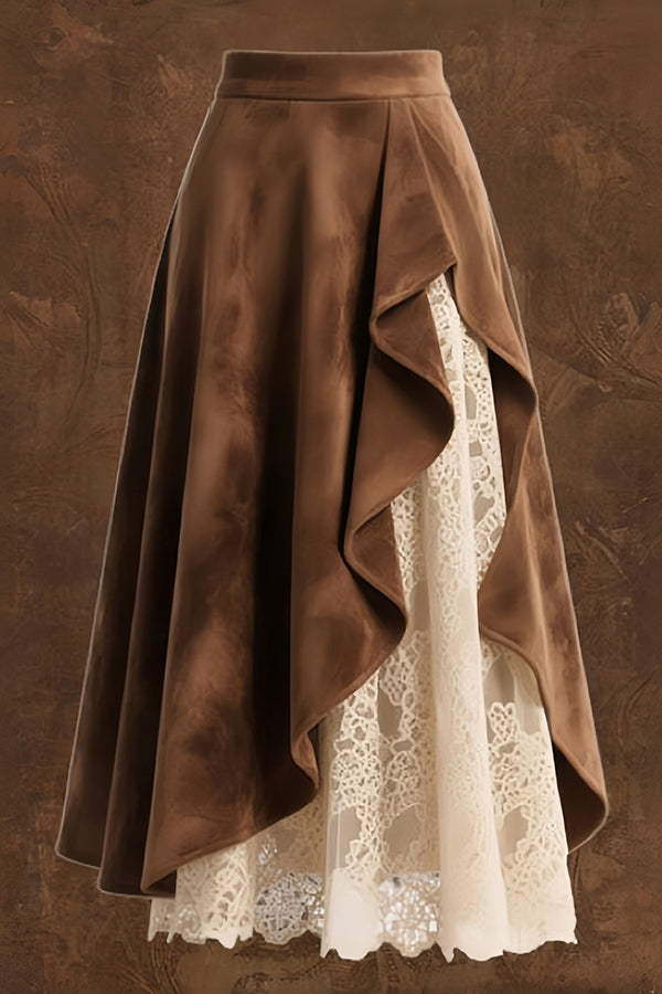 Stylish Suede and Lace Patchwork Elegant Asymmetrical Midi Skirt