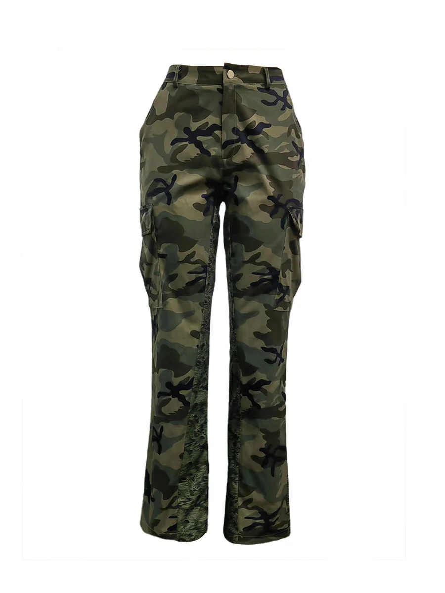 High Waist Camo Multicolor Cargo Pants XS-5XL Street Casual Side Pocket Camouflage Women Streetwears Straight Lady Trousers