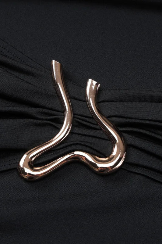 Boat Neck Flared Cuff Sculptural Metal Hardware Bodycon Maxi Dress