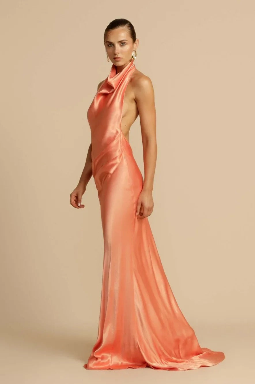 Satin Halter Neck Cowl Draped Bias Cut Trumpet Maxi Gown
