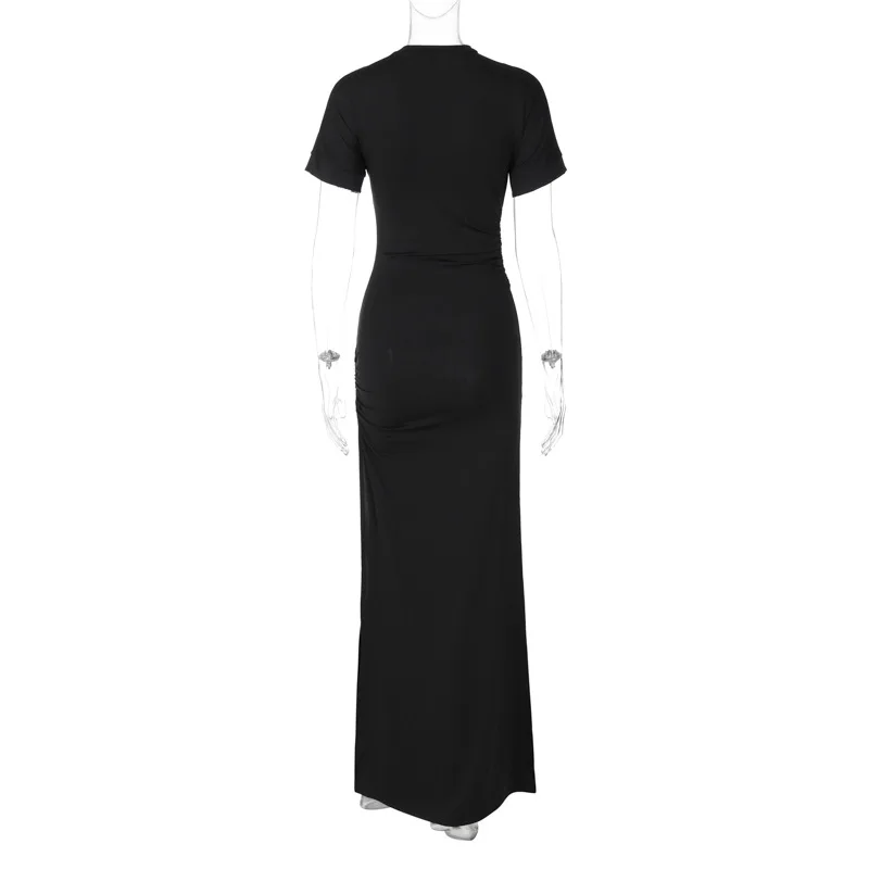 Women's Elegant O Neck Maxi Dress Short Sleeve Slim High Waist Shirring Dress Sexy Side Slit Evening Club Bodycon Dress Lady 9 Women's Elegant O Neck Maxi Dress Short Sleeve Slim High Waist Shirring Dress Sexy Side Slit Evening Club Bodycon Dress Lady