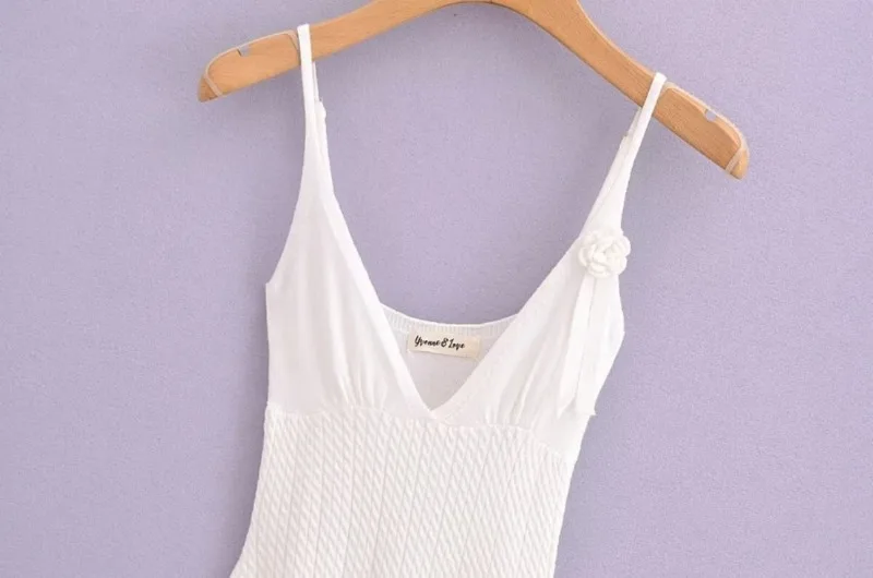 Ootddress Ruffle Knitted Dress For Women Sleeveless V Neck Slim Splice Flower Sundress Ladies Casual Fashion Y2k Solid Dress Woman