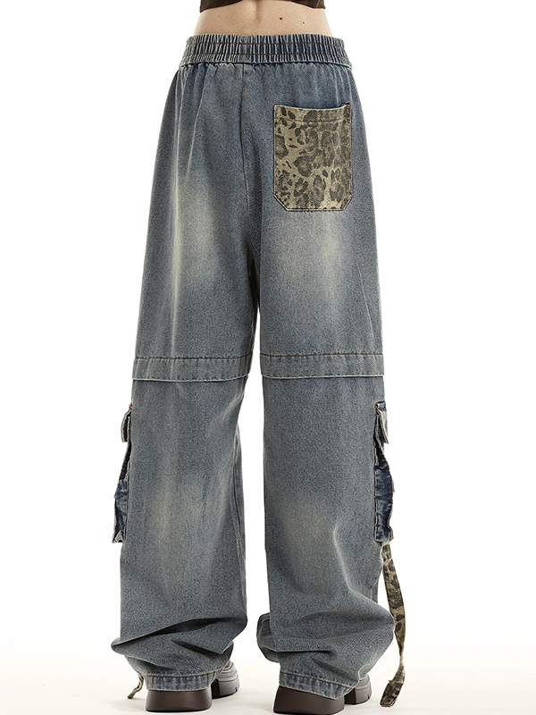 Vintage leopard print multi-pocket straps Cargo Jeans