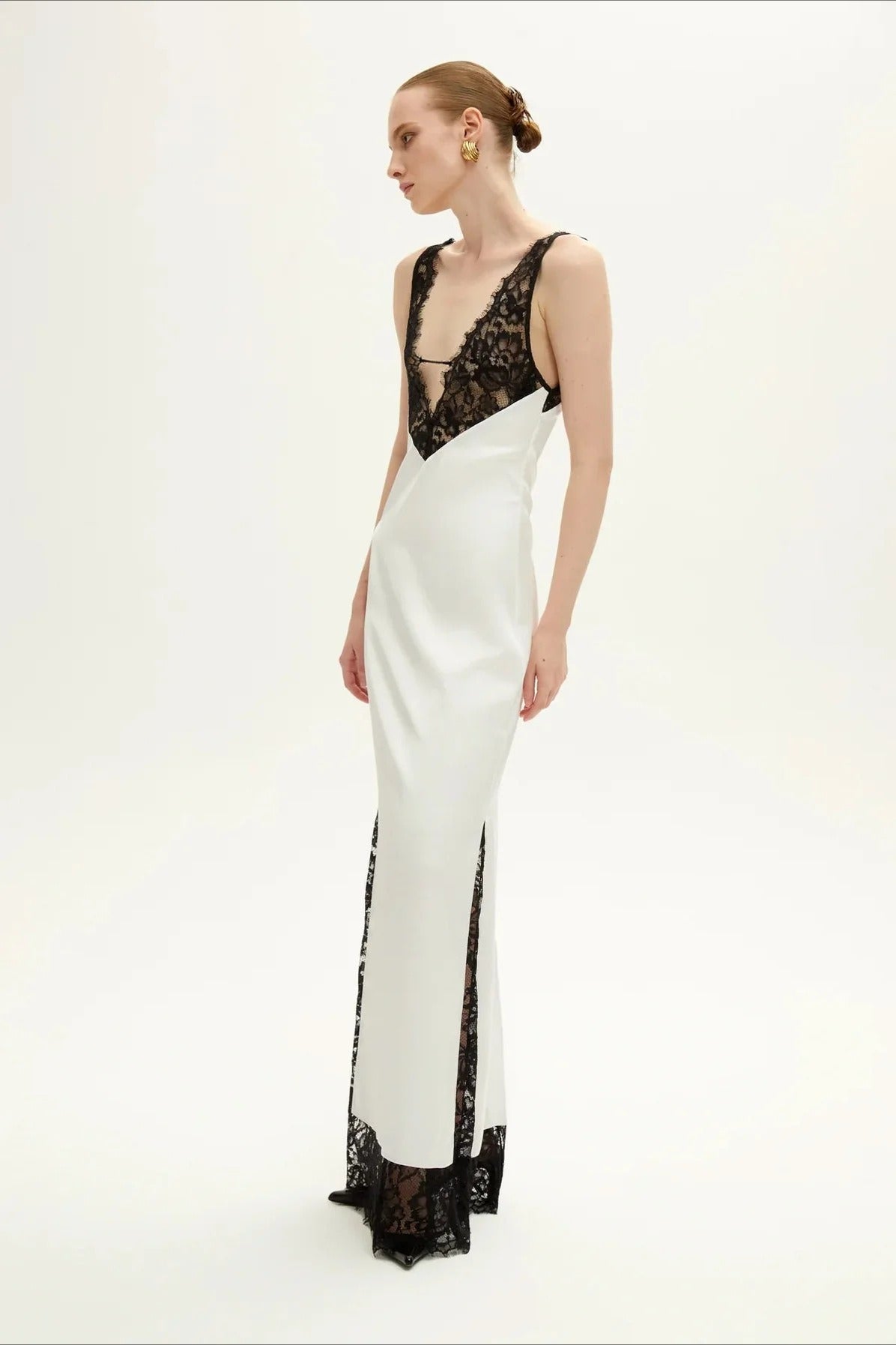 Satin Deep V-Neck Lace Panel Lace Trim Hem Maxi Slip Dress