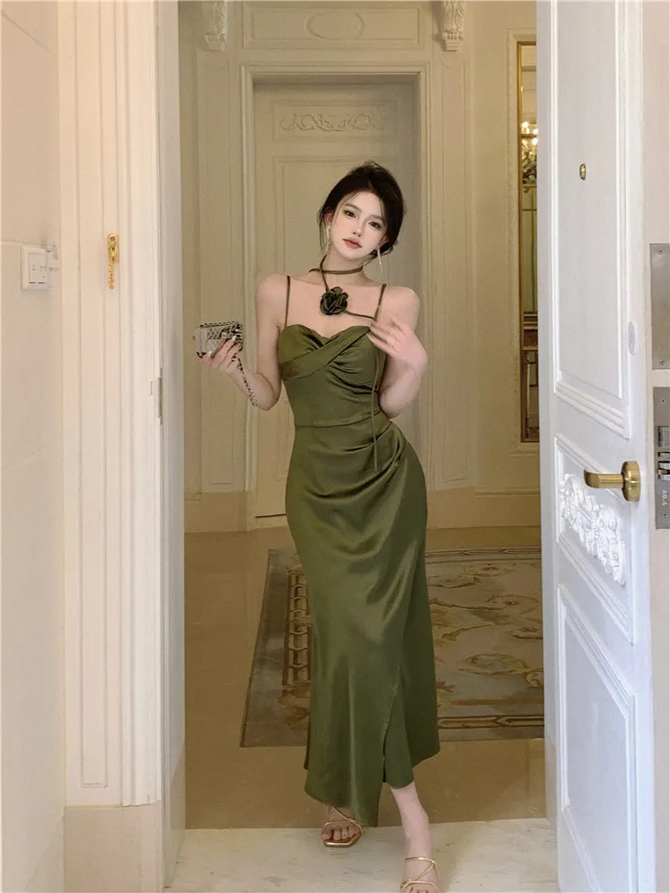 Elegant Solid Satin Midi Dress Women Spaghetti Strap Bodycon 3D Flower High Waist Slim Evening Party One Piece Lady Vestidos